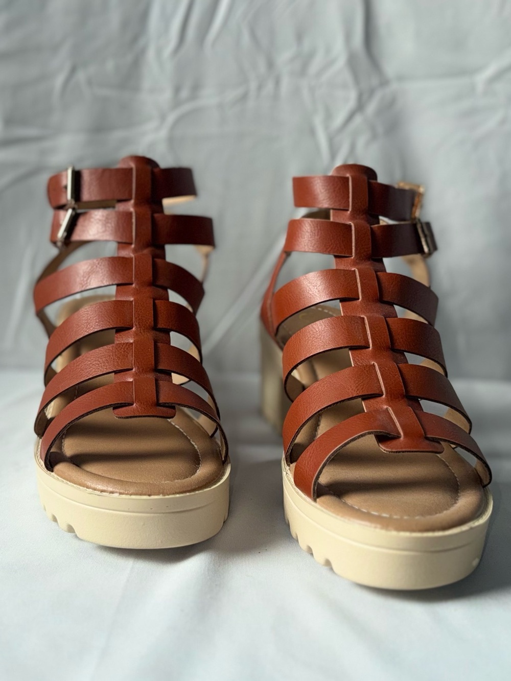 Comfort Brown Gladiator Platform Block Heel Sandals Size 8W Wide